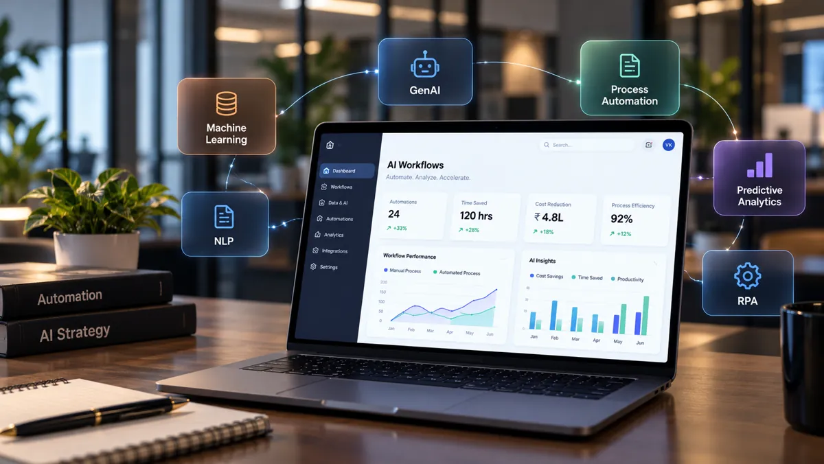 AI workflow automation dashboard with GenAI, machine learning, NLP, RPA and predictive analytics