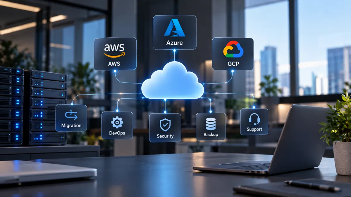 Cloud hub connecting AWS, Azure and Google Cloud with migration, DevOps, security, backup and support