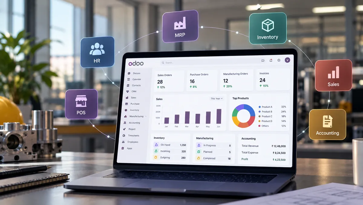 Odoo ERP dashboard on a laptop with MRP, Inventory, Sales, Accounting, HR and POS modules