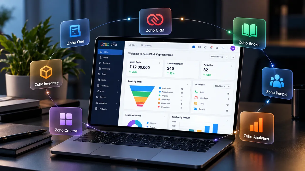 Zoho CRM dashboard on a laptop surrounded by Zoho One, Books, People, Analytics, Creator and Inventory apps